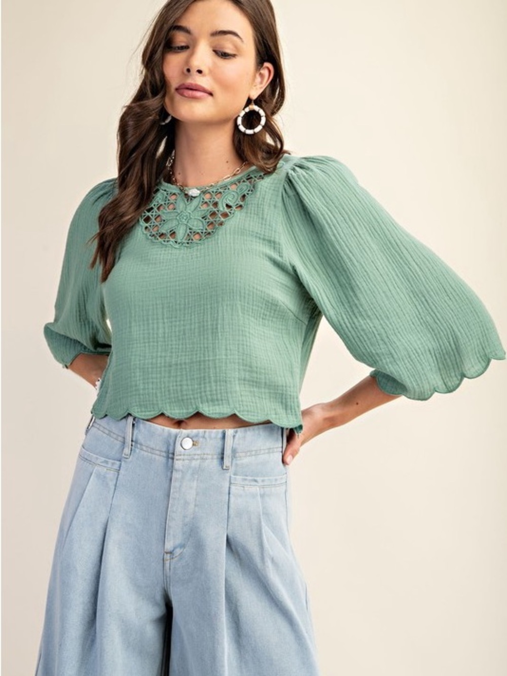 NEW Gigio Crochet Yoke Puff Sleeve Blouse in Sage Size Large